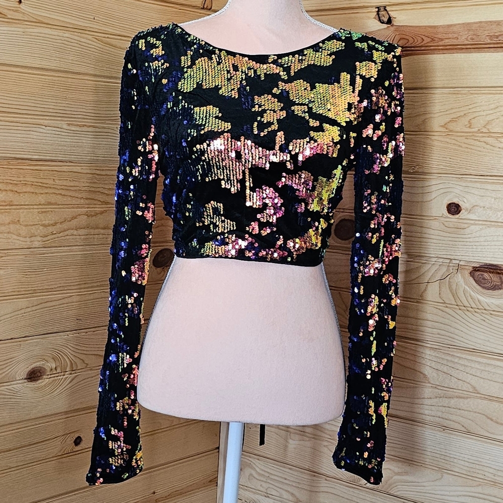 Navy Blue Sequin Long Sleeve Backless Crop To